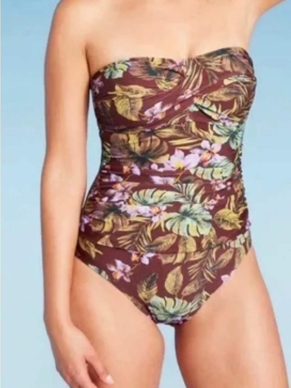 NWT Shade & Shore Brown Tropical Optional Straps Full Bottom Coverage Swimsuit M
